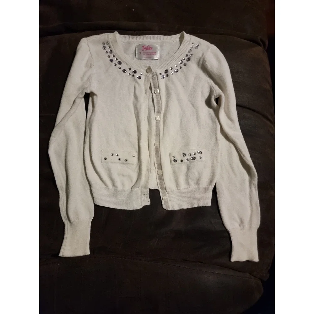 Justice white cardigan sweater with‎ jewels size 7 spring Easter